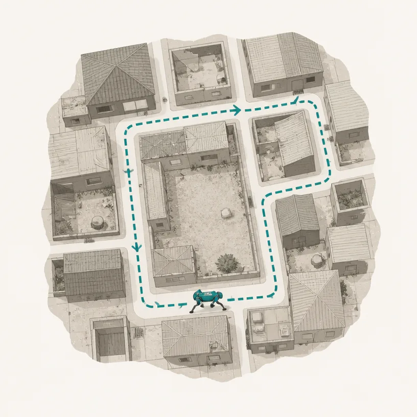 A quadruped robot autonomously patrolling a redevelopment zone alley