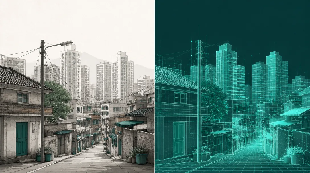 A real photo of a redevelopment site before demolition compared with its 3D digital twin